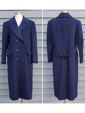 Vintage 70s Preppy Acadamia Navy Blue Virgin Wool Double Breasted Trench Coat 10
